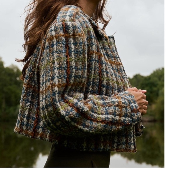 Remain Birger Christensen Lona Boxy Crop Knit Tweed Jacket Aegean Blue Comb nwot - Picture 2 of 15
